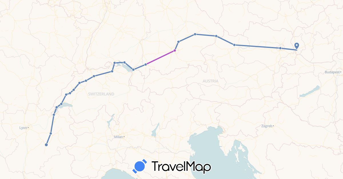 TravelMap itinerary: driving, cycling, train in Austria, Switzerland, Germany, France, Slovakia (Europe)